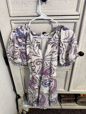 LOFT White Paisley Mini Dress with Pink & Blue Accents